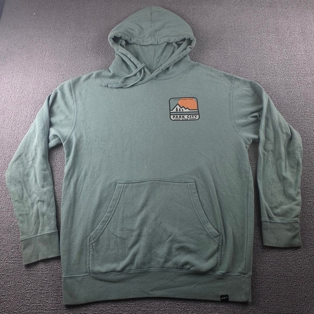 Techstyles Hoodie Men L Green Pullover Park City Utah Mountain Sunset Outdoor